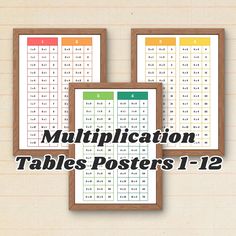 three tables with numbers on them and the words multiplication table posters 11 - 12