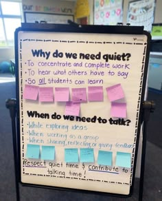 a sign with sticky notes attached to it that says why do we need quiet?