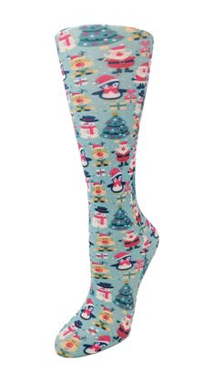 "A cute and therapeutic compression sock for those on the go! Knee Length, Closed Toe Fits Women's Shoe Sizes 5-11 Fits Calf Circumference up to 17\", Wide Calf up to 22\" 8-15 or 10-18 mm/Hg Graduated Compression 95% Nylon, 5% Spandex, Latex Free They feel good and are fashionable and fun!" Christmas Knee-high Socks For Stocking Stuffer, Playful Christmas Socks For Stocking Stuffers, Blue Christmas Socks For Stocking Stuffers, Socks Christmas, Long Socks, Compression Socks, Wide Calf, Latex Free, Socks And Hosiery