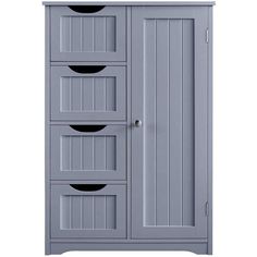 a gray cabinet with three drawers and two doors on the bottom, in front of a white background