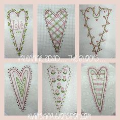 four pictures of different heart designs on white fabric with pink and green trimmings