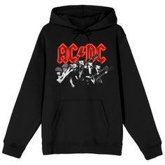 Rock out in style with this ACDC sweatshirt. The hoodie features a black and white image of the rock band under red letters with a thunderbolt that spell out the ACDC logo. The sweatshirt comes in black and is equipped with an adjustable hood and a large pouch pocket. ACDC fans will love this comfy and cozy hoodie. Bayside Band, Fletcher Outfits, Acdc T Shirt, Acdc Merch, Acdc Tshirt, Ac Dc Tshirt, Acdc Sweatshirt, Acdc Hoodie, Acdc Logo