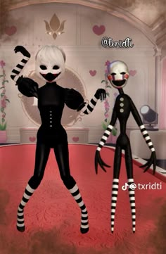 two cartoon characters dressed in black and white are standing on a red carpeted floor