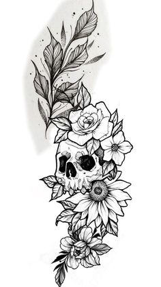 a skull and flowers tattoo design