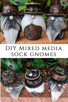 three different hats with feathers on them and the words diy mixed media sock gnomes