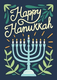 happy hanukkah with menorah and leaves