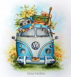 Watercolor Painting of Car Vw Art Painting, Vw Van Drawing, Paintings Of Cars, Van Drawing, Van Painting, Decoupage On Canvas, Vw Art, Aquarelle Art