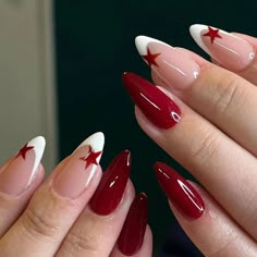 French Fake Nails Red Five-pointed Star False Nails Full Cover Press on Nail Tips y2k Nail Art French Manicure Nails, Summery Nails, Makijaż Smokey Eye, Y2k Nails, White Nail, Funky Nails, Artificial Nails, Cute Nail