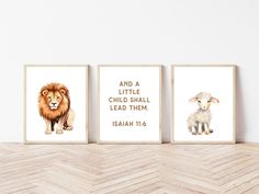 three framed pictures with animals on them and the words, and a little child shall lead them