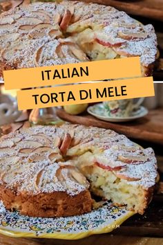 a cake that has been cut into pieces and is on a plate with the words italian torta di mele above it