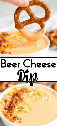 beer cheese dip with pretzels in the background and text overlay that reads beer cheese dip