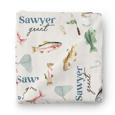 a white sheet with different types of fish and fishing related items on it, along with the words sawr grant