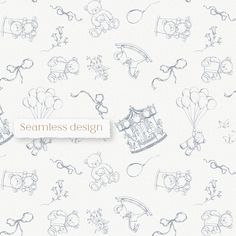 seamless design with teddy bears, balloons and other items on a white paper background