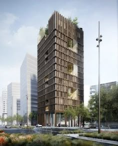 an artist's rendering of a tall building in the middle of a city street