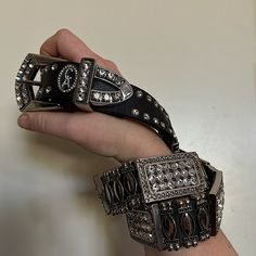 Christine Alexander Rhinestone Silver Leather Belt Never Worn. Perfect Condition. Western Southwestern Cowboy Country Stagecoach Boho Bohemian Western Silver Jewelry For Parties, Western Style Silver Jewelry For Party, Western Style Silver Party Jewelry, Boho Bohemian, Leather Belt, Black Silver, Belts, Alexander, Cowboy