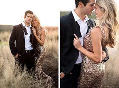 a man and woman in formal wear standing next to each other, posing for pictures