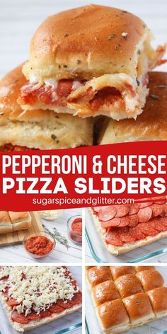 pepperoni and cheese pizza sliders with text overlay