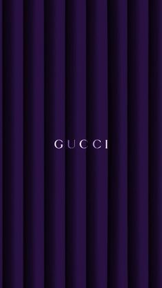 purple curtains with the word gucci in white on top and bottom, against a black background