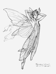 a pencil drawing of a fairy with her arms behind her head and legs spread out