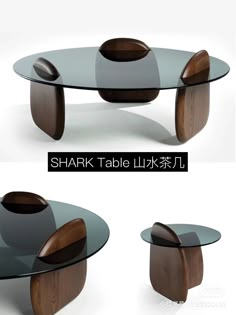 two tables with different shapes and sizes on each one, the table is made out of wood