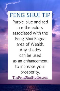 an image with the words feng shu tip purple, blue and red are the colors associated with the feng shu bagua area