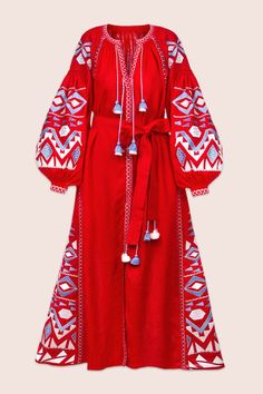 F00161441-205 Red Long Sleeve Bohemian Maxi Dress, Bohemian Red Long Sleeve Dress, Bohemian Long Sleeve Red Dress, Peasant Tunic Dress With Geometric Embroidery, Bohemian Red Dress With Geometric Embroidery, Bohemian Festival Dress With Geometric Embroidery, Red Bohemian Dress With Geometric Embroidery, Bohemian Dress With Geometric Embroidery For Festival, Red Folk Style Dress For Spring