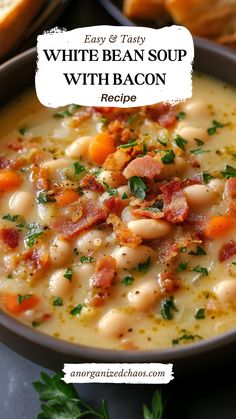 Bean Soup With Bacon, White Bean Sausage Soup, Bean Soup Crockpot, Bean And Sausage Soup, Bacon Soup Recipes, Soup With Bacon, White Bean Recipes, White Bean Soup Recipes