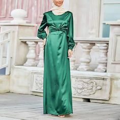 Chest tie maxi dress (5 colors) – diyadeen Satin Abaya Dress, Elegant Satin Dress, Satin Abaya, Abaya Dresses, Kaftan Dresses, Open Abaya, Tie Maxi Dress, Dress Muslim, Muslim Outfits