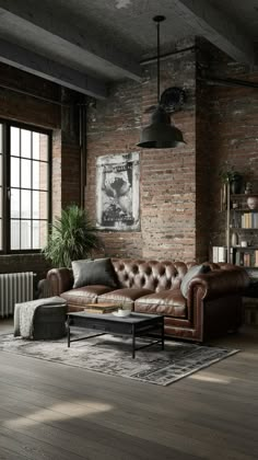 a living room with brick walls and leather furniture in the corner, along with a rug on the floor