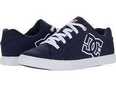 DC Chelsea - Women's Skate Shoes : Navy/White : Add classic style to your repertoire with the clean profile and versatile wear of the DC Chelsea casual shoes. Casual sneakers with textile uppers with large DC logo detail. Lightly padded tongue. Textile lining for added breathability. Eyelets on the medial side. Cushioned footbed for comfort and support. Vulcanized construction with a rubber outsole for flexible, durable wear. Imported. Measurements: Weight: 11 oz Product measurements were taken Canvas Sneakers With Logo Print And Round Toe, Logo Print Canvas Sneakers With Round Toe, Lace-up Sneakers With Logo For Light Sports, Logo Print Lace-up Sneakers For Light Sports, Athleisure Sneakers With Logo Print And Round Toe, Low-top Canvas Sneakers With Logo Print, Casual Slip-on Skate Shoes For Sports, Casual Vulcanized Sole Skate Shoes For Sports, Sporty Mid-top Sneakers With Logo Print