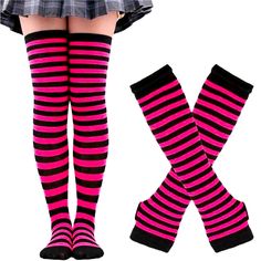 Over-The-Knee Striped Socks And Gloves Pink Aesthetics Clothing, Fem Fits, Alt Boy, American Festivals, Desired Wardrobe, Striped Gloves, Striped Stockings, Christmas Cosplay, Halloween Socks