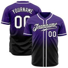 a baseball jersey that is purple and white with the number 00 on it, in front of