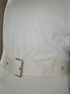 Remake Denim Butterfly Belt Cream - Cream | Djerf Avenue Denim Skirt Maxi, Denim Butterfly, Butterfly Belt, Butterfly Pin, Skirt Maxi, Relaxed Jeans, Organic Cotton Fabric, Wide Belt, Sweaters And Jeans