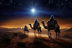 three wise men riding camels in the desert at night