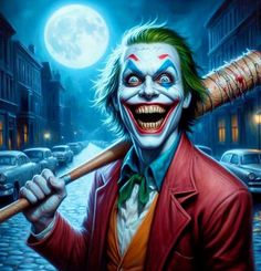 the joker is holding a baseball bat in his hand and it looks like he's smiling