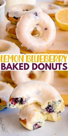 lemon blueberry baked donuts are stacked on top of each other and have been cut in half