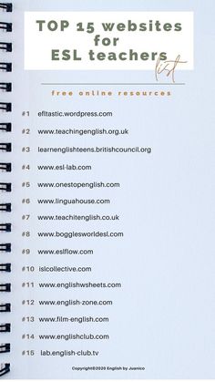 a notebook with the words top 5 website for ell teachers written in english and spanish