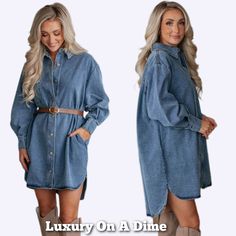 Oversized Denim Boyfriend Pocket Jean Collar Shirt Dress Long Sleeve Button High-Low This Chic Denim Dress Is A Elevated Choice That's Functional With Pockets, Comfortable With A Quality Cotton Blend Material And Effortlessly Perfect. Minimalist Style With A Modern Contemporary Twist That Can Easily Transition From Day To Night, Making This A Playful Choice. Collared Neckline With A Button Front Gives The Option To Wear Open Offering Versatility With Deeper V-Neckline. With An Oversized Boyfriend Shirt Design That Features A Mini Length Round Hi-Low Hem That Lends To A Girl-Next-Door Element. Uniquely Classic With Long-Sleeves, Making This A Timeless Wardrobe Staple That Offers A Polished L Oversized Denim Dress For Fall, Oversized Blue Denim Dress, Oversized Denim Blue Denim Dress, Fall Collared Blue Denim Dress, Oversized Dark Wash Denim Dress, Long Sleeve Medium Wash Shirt Dress For Fall, Oversized Long Sleeve Medium Wash Denim Dress, Medium Wash Relaxed Fit Shirt Dress For Fall, Oversized Long Sleeve Denim Dress In Medium Wash