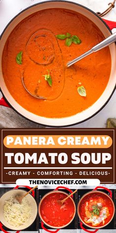 panera creamy tomato soup in a bowl with spoons and ingredients to make it