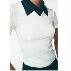 Cute Retro Zara Top With A Forest Green Collar. Never Used Without Tags. Extremely Soft And Pairs Nicely With Any Outfit. Size Is Labeled “M-L” Shipping I Ship Same Day Or Within Next 24 Hours Business Days. I Package Items Carefully & Ship Quickly! Message Me For Bundles To Combine Shipping! All Sales Are Final! No Exchanges, No Refunds And No Cancellations Accepted. Please Look At The Pictures For Condition Details. Elegant Fitted Knit Top With Ribbed Collar, Classic Collared Knit Top, Elegant Fitted Collared Top, Classic Ribbed Tops For Workwear, Zara White Collared Top, White Seamless Collar Top For Work, Green Tops With Ribbed Collar And Short Sleeves, White Seamless Collar Top For Workwear, Green Short Sleeve Top With Ribbed Collar