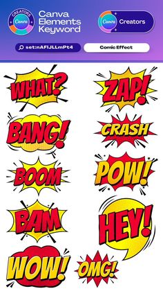 comic speech bubbles with the words what, bang boom, pow hey and wow on them