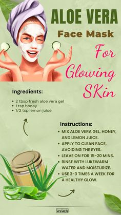 Aloe Vera Face Mask Recipe, Aloe Vera Mask For Hair, Aloe Vera Mask For Face, Aloe Vera For Glowing Skin, Aloe Vera Face Mask Diy Glowing Skin, Cucumber Aloe Face Mask, Aloe Face Mask, Aloe Vera For Skin, Aloe Vera Skin Care