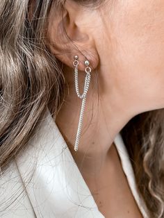 Enjoy FREE SHIPPING WORLDWIDE+ 10% off all jewelry + Free beautiful gift wrap ❤ Welcome to My Store!❤ A Sterling silver stud earrings, perfect and delicate double SINGLE piercing earring that connects to your first and second hole in the ear . The silver dangle tassel earring sits exactly on any classic dress for an event or everyday. ♦ Materials ♦ - The earring is made of 100% sterling silver and water-resistant! ♦ The earring can be adjusted according to the number of holes you have, you can s Trendy Pierced Sterling Silver Earrings, Trendy Sterling Silver Earrings, Trendy Sterling Silver Jewelry With Matching Earrings, Trendy Sterling Silver Dangle Jewelry, Trendy Hypoallergenic Dangle Jewelry, Silver Dangle Threader Earrings For Party, Trendy Sterling Silver Dangle Earrings, Trendy Silver Dangle Jewelry, Trendy Hypoallergenic White Gold Jewelry