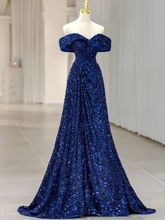 Blue Sequin Prom Dress, Shine Dress, Mother Of Groom Dress, Off Shoulder Evening Dress, Formal Wedding Guests, Royal Blue Prom Dresses, Prom Dress Ideas, Blue Dress Formal, Dresses Formal Elegant