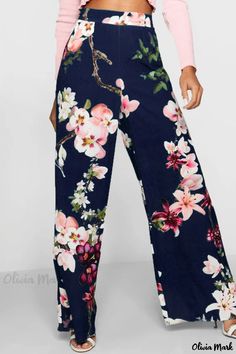 Olivia Mark - Stylish Regular-Fit Printed Casual Pants in Deep Blue Fashion Chic Trousers, Ladies Short Jackets, Streetwear Jackets, Shiny Pants, Professional Outfits Women, Fashion Everyday, Womens Wide Leg Pants, High Waist Wide Leg Pants, Wallpaper Nature Flowers