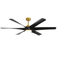 a ceiling fan with two black blades and a gold light fixture on top of it