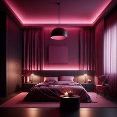 a bedroom with pink lighting and a bed in the middle is lit by two lamps