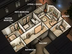 an overhead view of a house with all the rooms labelled