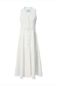 Chic A-line Sleeveless Dress With Buttons, White A-line Maxi Dress With Buttons, Modern A-line Maxi Dress For Spring, Chic A-line Sleeveless Dress For Fall, Chic Belted A-line Sleeveless Dress, Elegant A-line Sleeveless Dress With Buttons, White Structured Dress For Work, White Structured Fitted Dresses, Modern Beige Dress For Formal Occasions