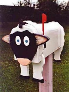 a black and white cow sticking its head out of a mailbox